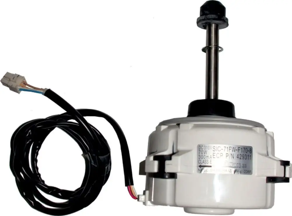 Wolf Ventilatormotor mit Kabelanschluss und relektierendem Gehäuse. Sichtbare Beschriftung zeigt technische Daten und Seriennummer.